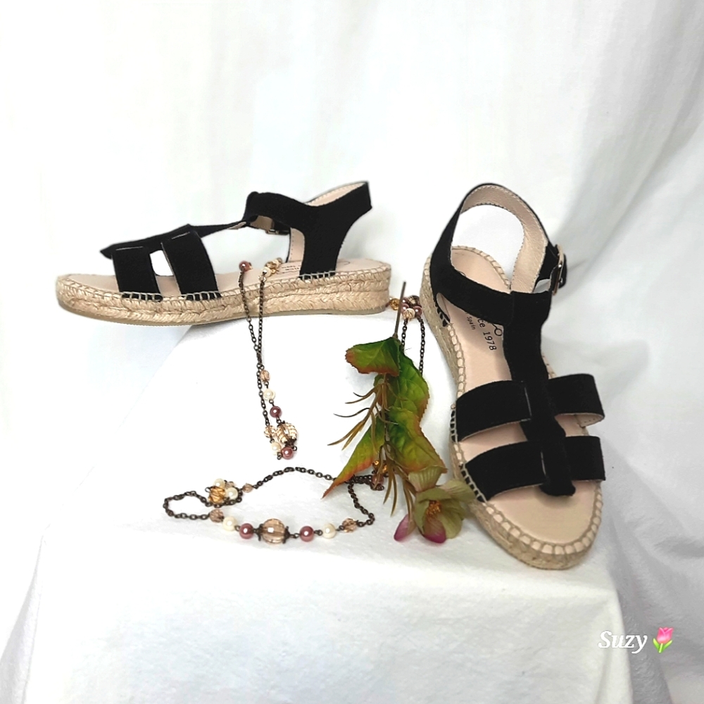 GAIMO Leather & Suede Black Strappy Espadrilles